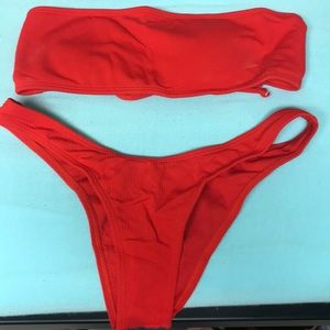 red strapless bikini